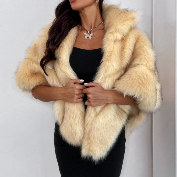 faux fur asymmetrical wrap cape chic elegant evening luxury - Picture 4 of 6